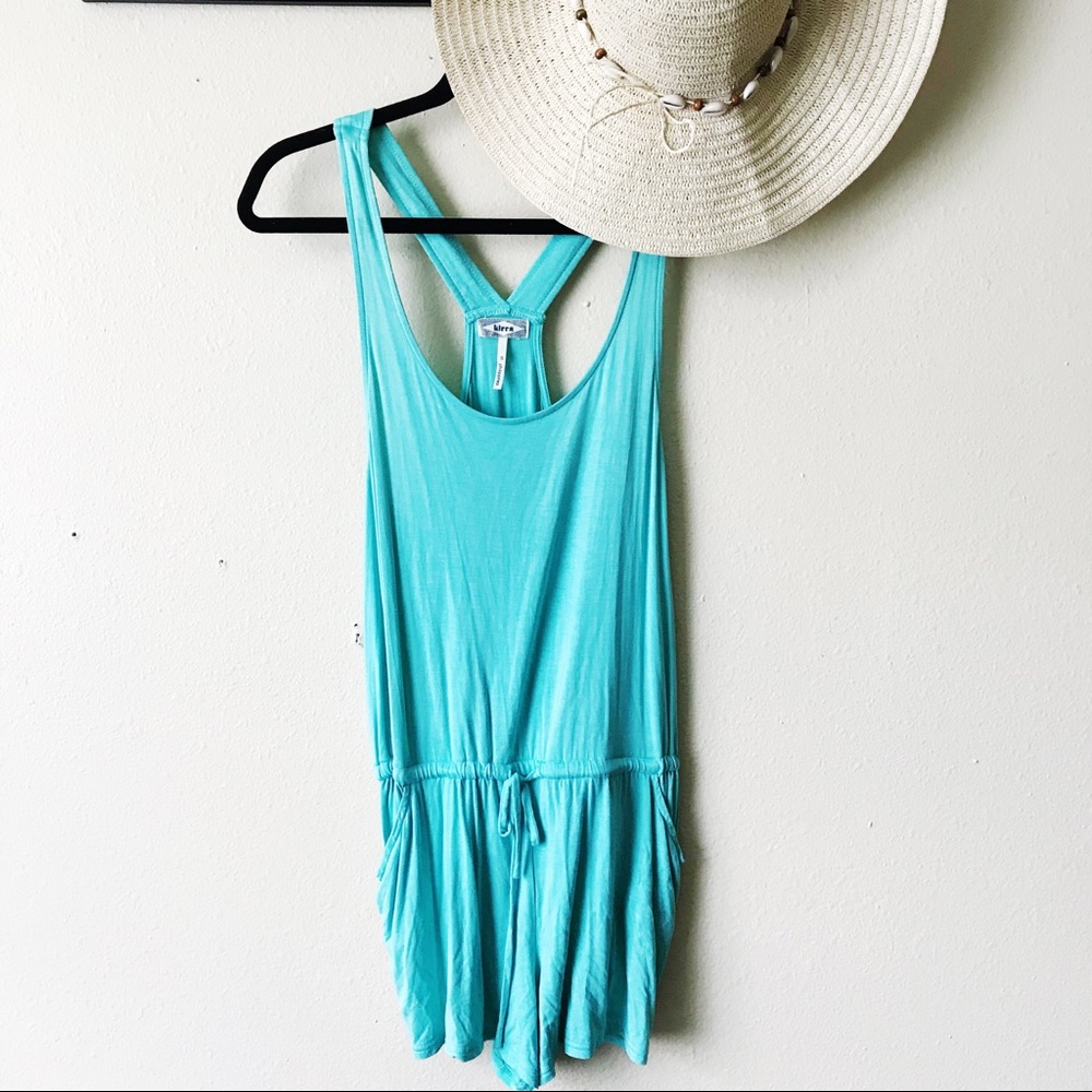 Teal Blue Drawstring Romper with Pockets S